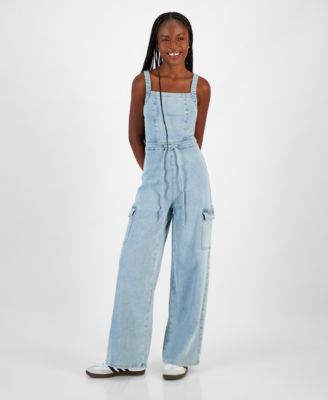 Tinseltown Juniors Wide Leg Square Neck Tie Front Cargo Jumpsuit Macy s