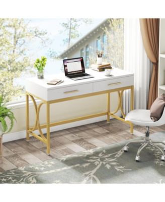 White & Gold Computer Desk with Drawers Modern Vanity & Writing Table with Storage for Home Office or Bedroom