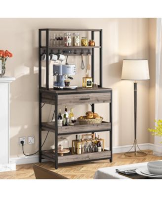 Bakers Rack with Power Outlets, 5-Tier Kitchen Storage Shelf, Microwave Oven Stand with Drawer, Kitchen Rack with 6 Hooks