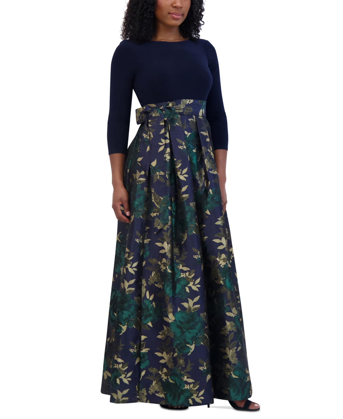 Jessica Howard Petite Floral-Skirt Tie-Waist Evening Gown