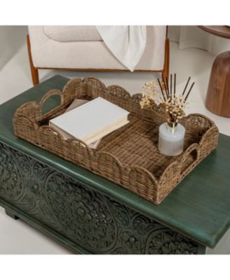 Jonathan Y Scalloped Southwestern Cottage Hand-Woven Rattan Tray with Handles