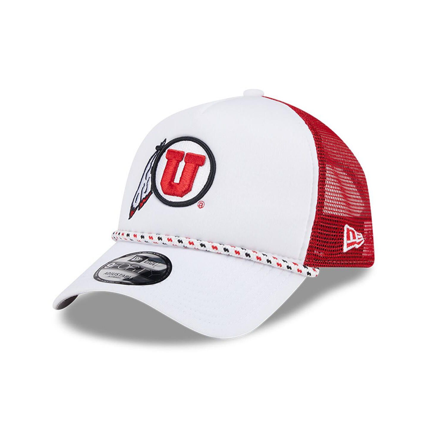 Мужская кепка New Era White/Red Utah Utes Court Sport Foam A-Frame 9FORTY Adjustable Trucker Hat — фото 1