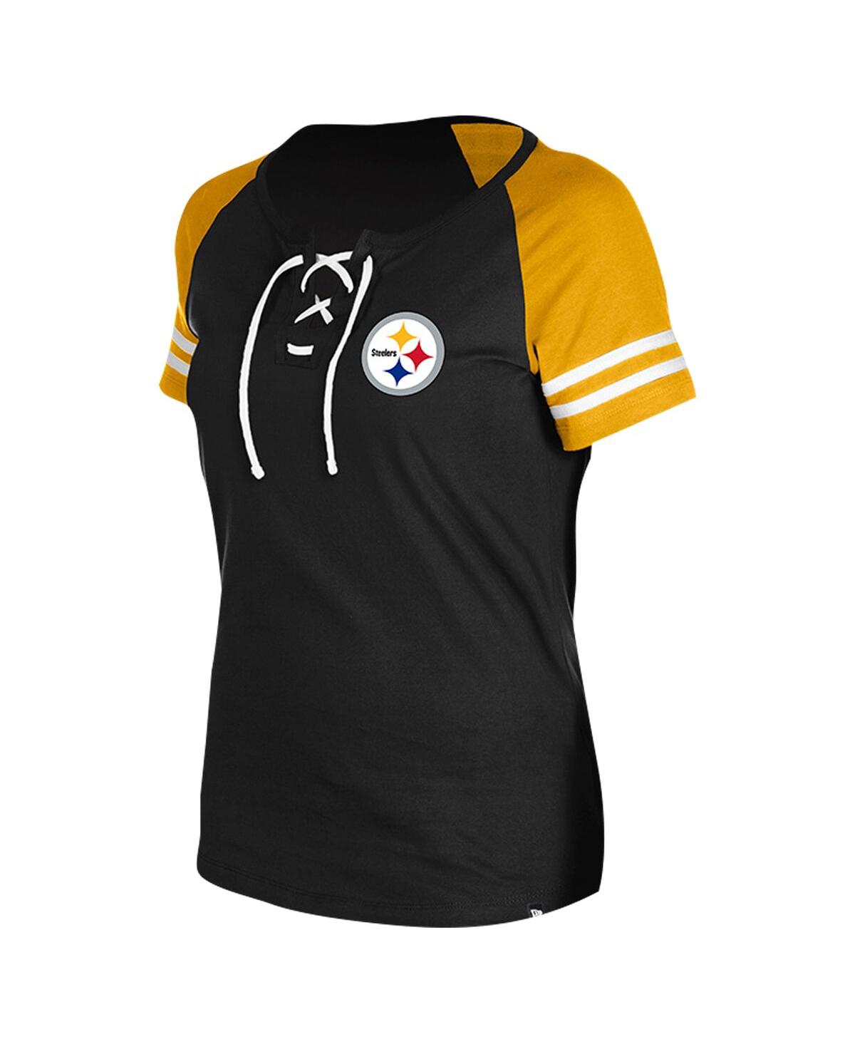 NEW ERA WOMEN'S BLACK PITTSBURGH STEELERS LACE-UP RAGLAN T-SHIRT 