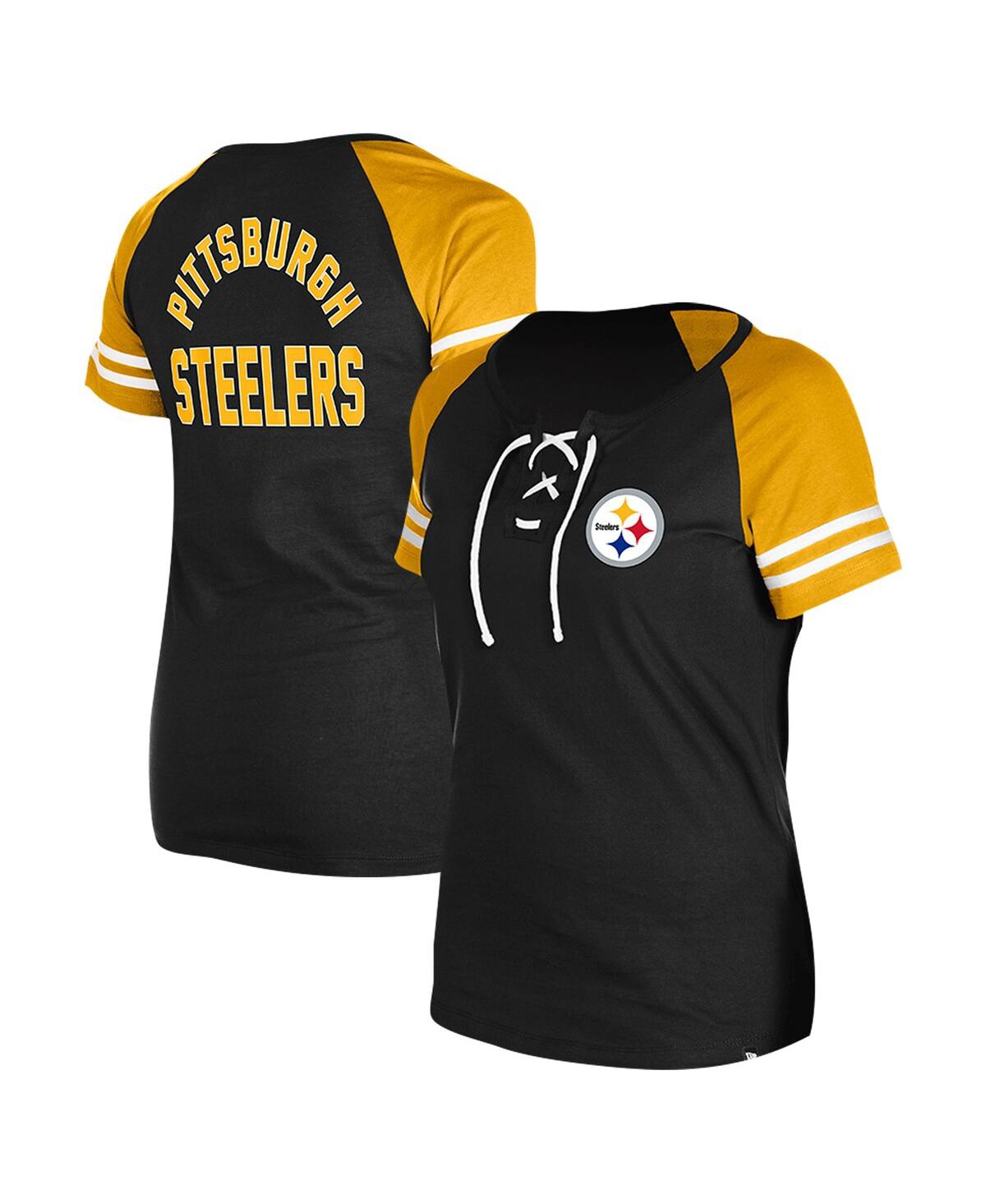 NEW ERA WOMEN'S BLACK PITTSBURGH STEELERS LACE-UP RAGLAN T-SHIRT 