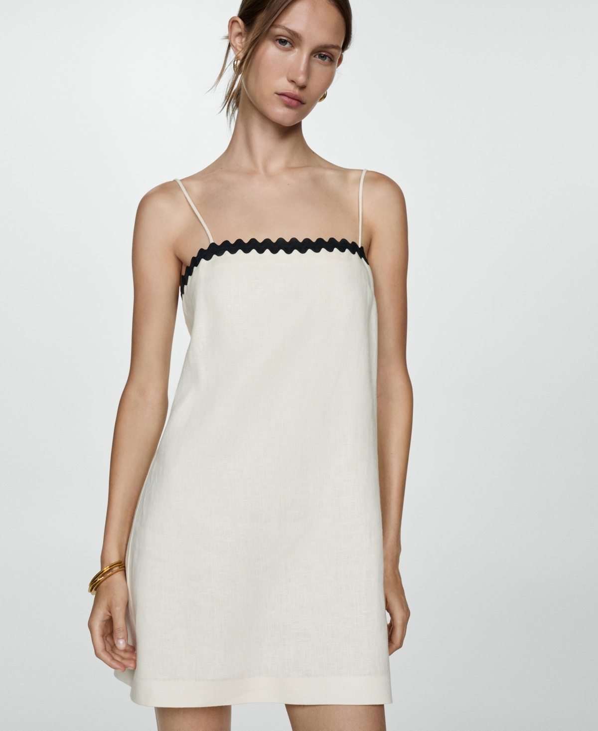Shop Mango Women's Contrasting Details Linen Dress In Sand