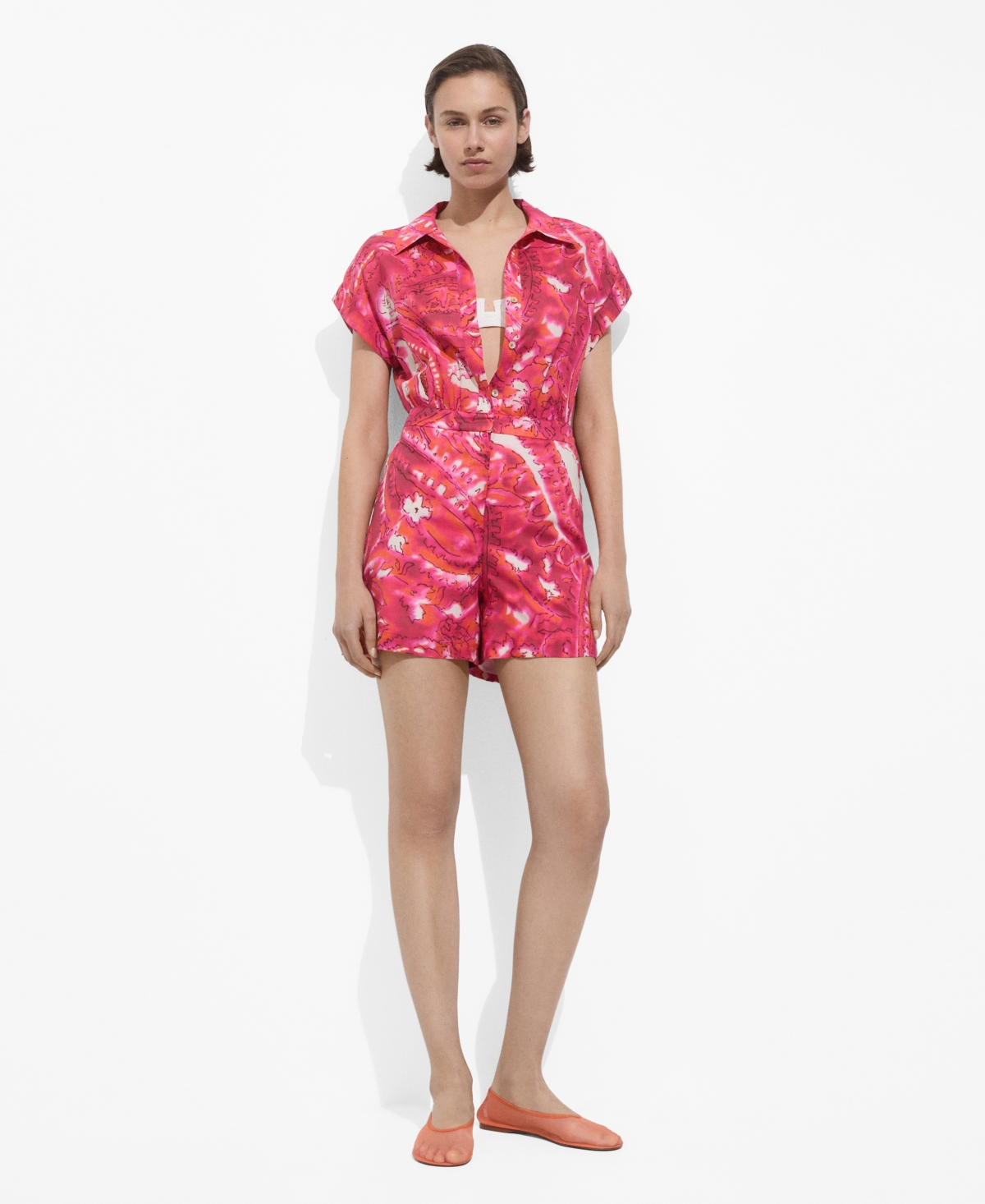 Mango Printed Shirt Jumpsuit Fuchsia In Fuchsia