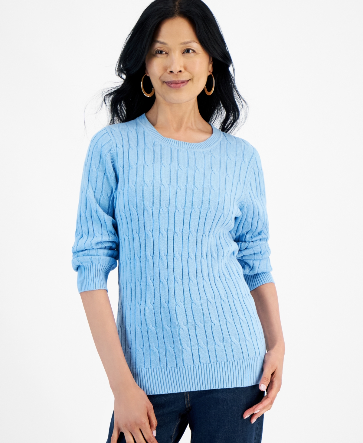 Style & Co Women's Cotton Cable-Knit Crewneck Sweater, Created for Macy's