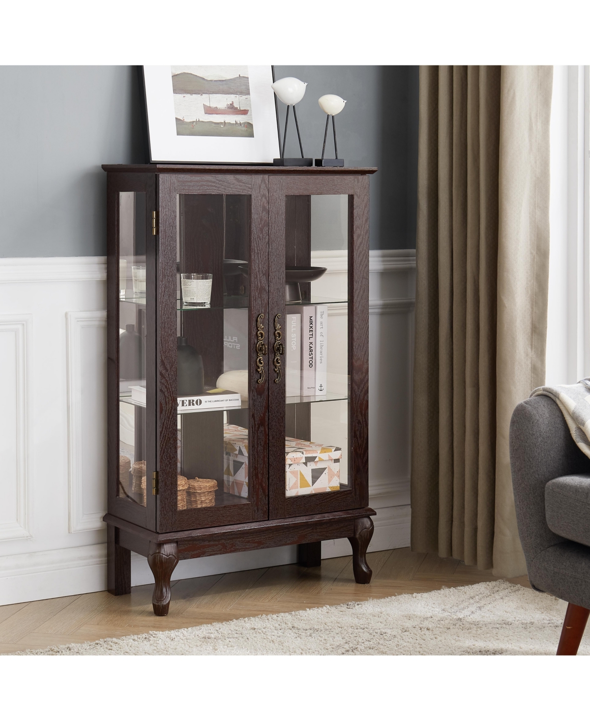 Simplie Fun Elegant 2-Door Curio Cabinet with Tempered Glass and Adjustable Shelves