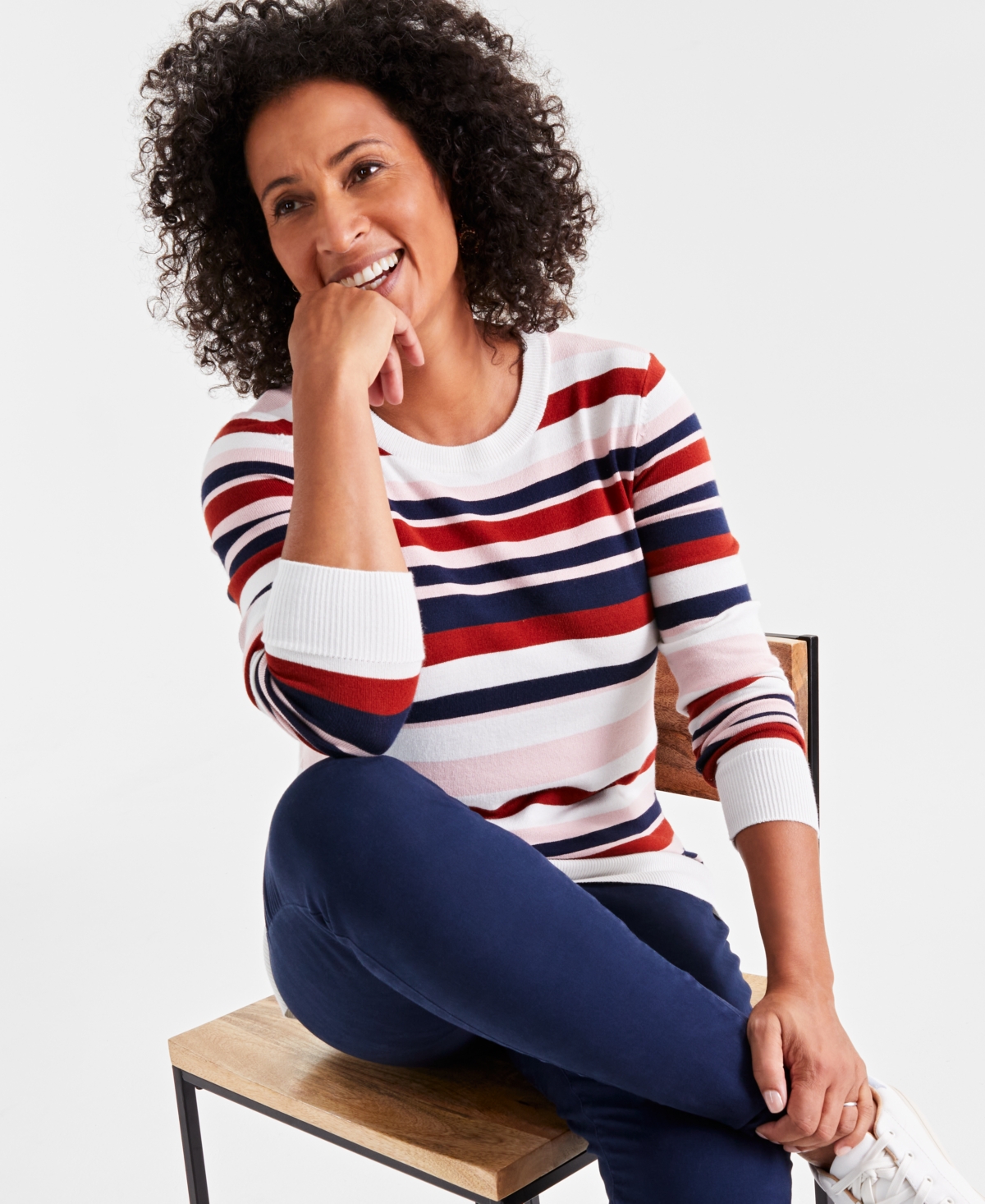 Style & Co Petite Striped Crewneck Pullover Sweater, Created for Macy's