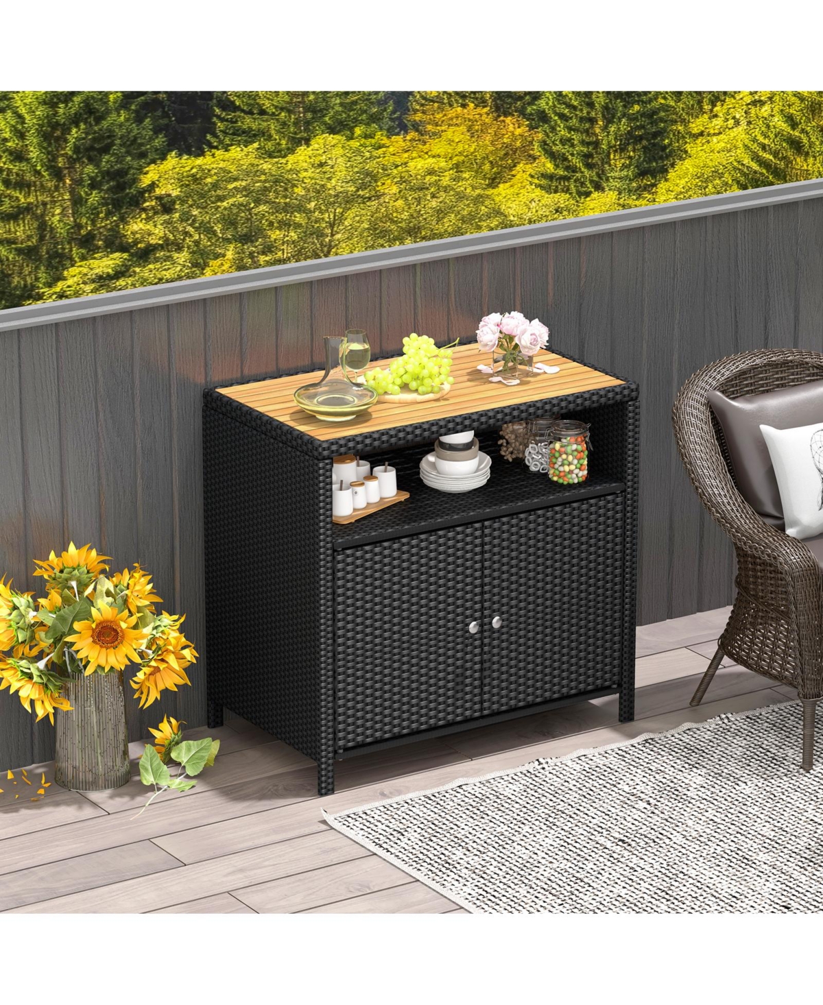 Slickblue Rattan Storage Cabinet with Acacia Wood Countertop for Poolside Deck and Patio