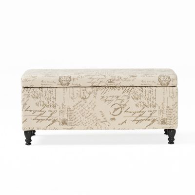 French Script Linen Storage Ottoman