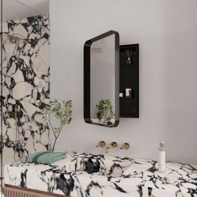 Recessed Black Metal Medicine Cabinet with Mirror and Shelves