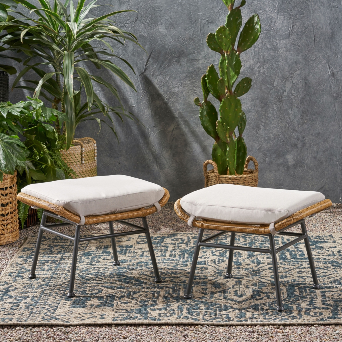 Simplie Fun Modern Rattan Ottoman With Water-Resistant Cushions