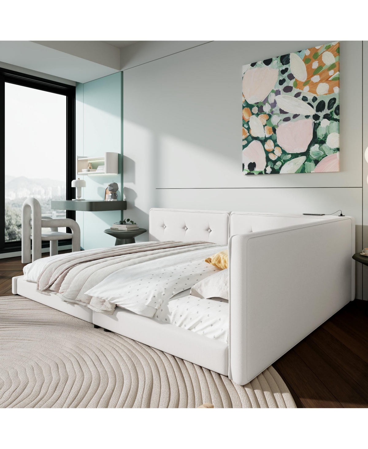 Streamdale Upholstered Full Bed with Usb Ports and Led Belt, Beige