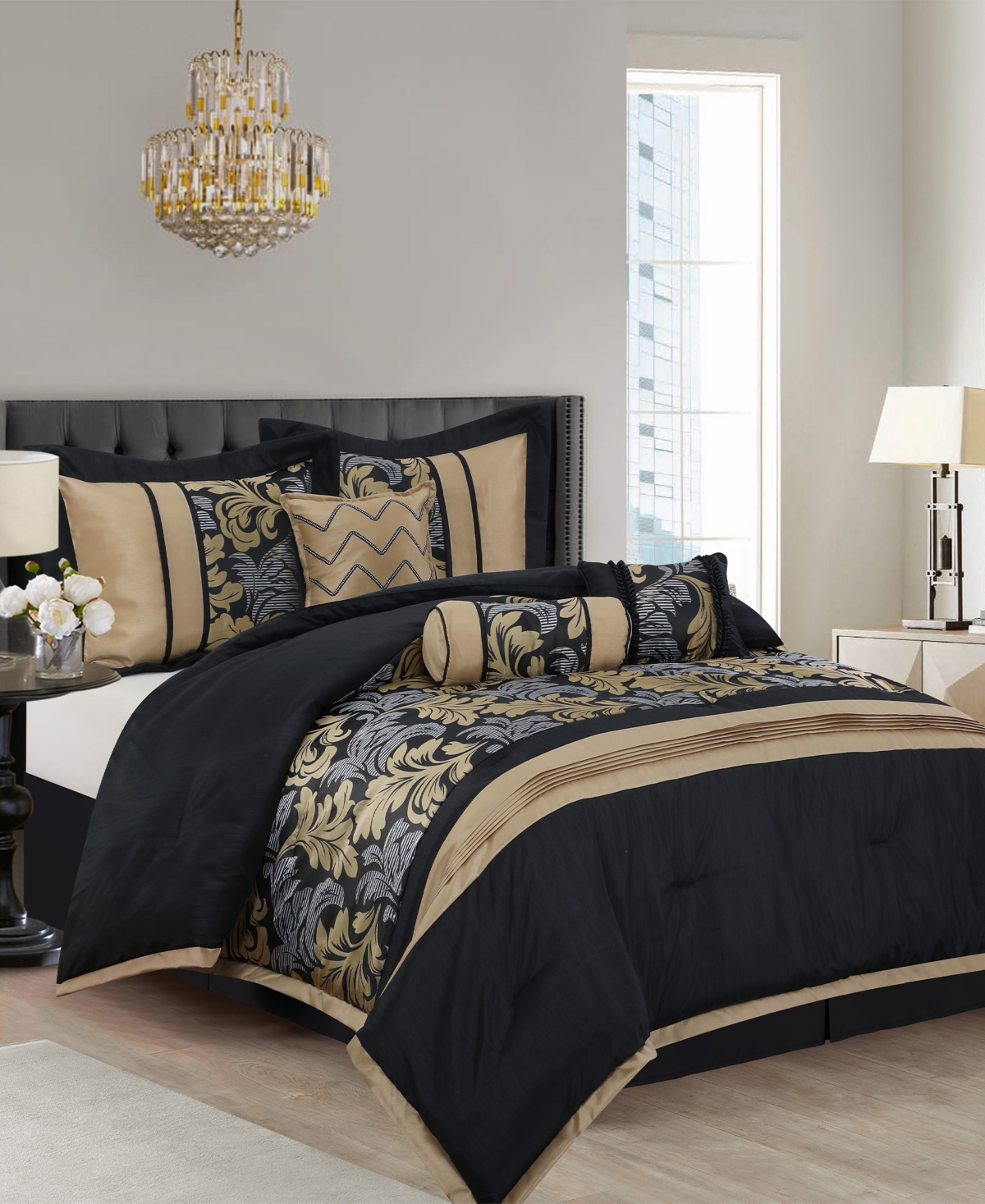 Stratford Park Lincoln 7-piece Comforter Set, Queen In Black Gold