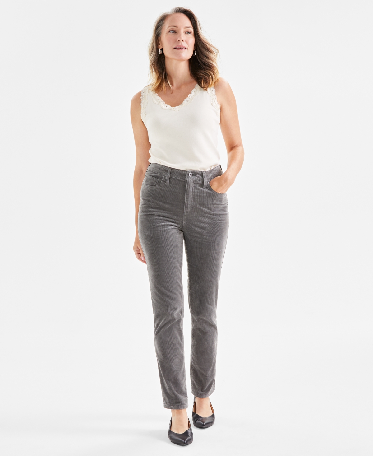 Style & Co Women's High-rise Straight-leg Corduroy Pants, Created For Macy's In Silver Spoon