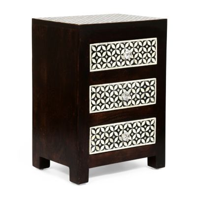 Mango Wood Bone Inlay Nightstand With 3 Drawers