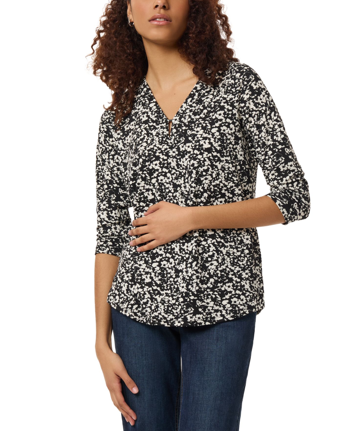 Женский топ Jones New York Petite Floral-Print 3/4 Sleeve, цвет: Чёрный — фото 1