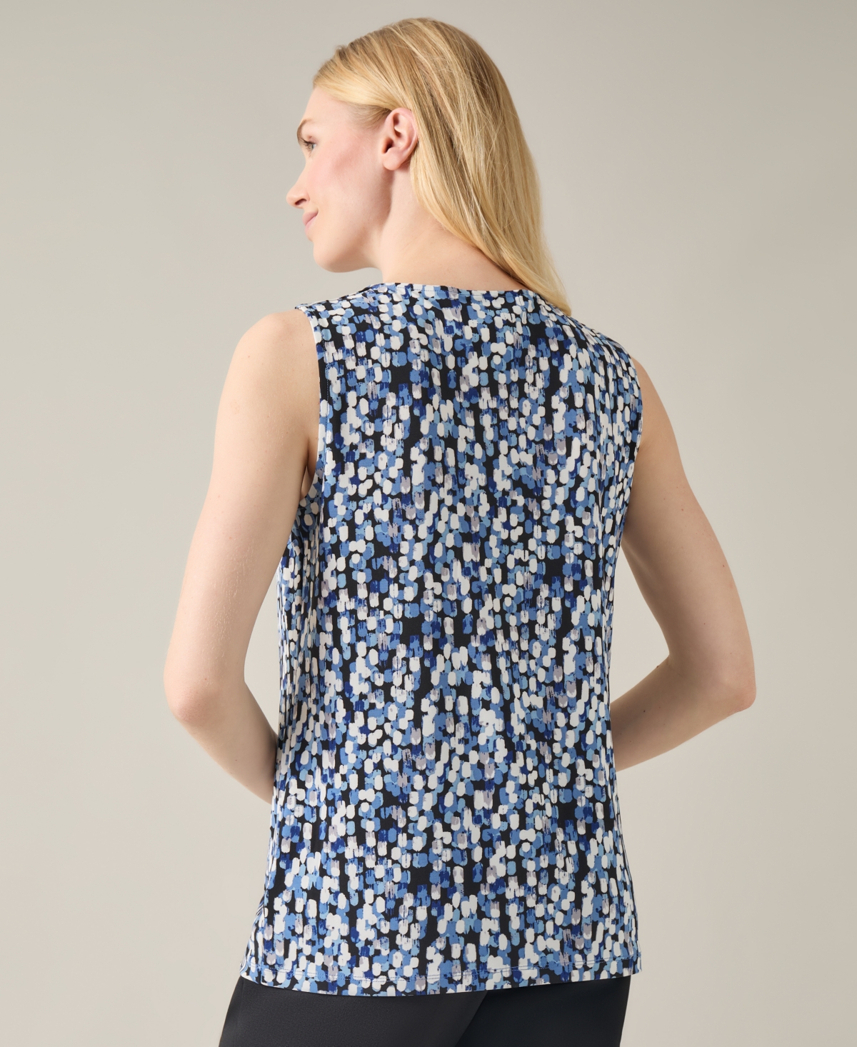 Kasper Women's Sleeveless Pleated Keyhole Blouse -Blue Heron Multi