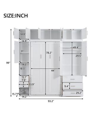 Twin Size Murphy Bed with Lockers & Wardrobes, White