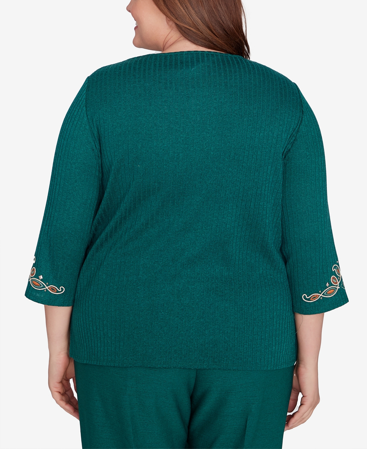 Alfred Dunner Plus SizeIsle Center Medallion Embroidered Three Quarter Sleeve Top - Emerald