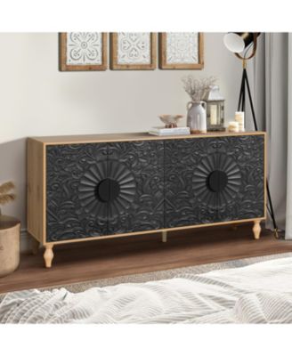 Black Carved Symmetrical Door with Wood Frame