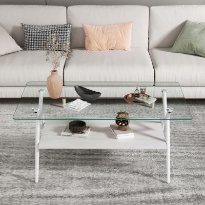 Modern Glass Coffee Table with White Metal Legs
