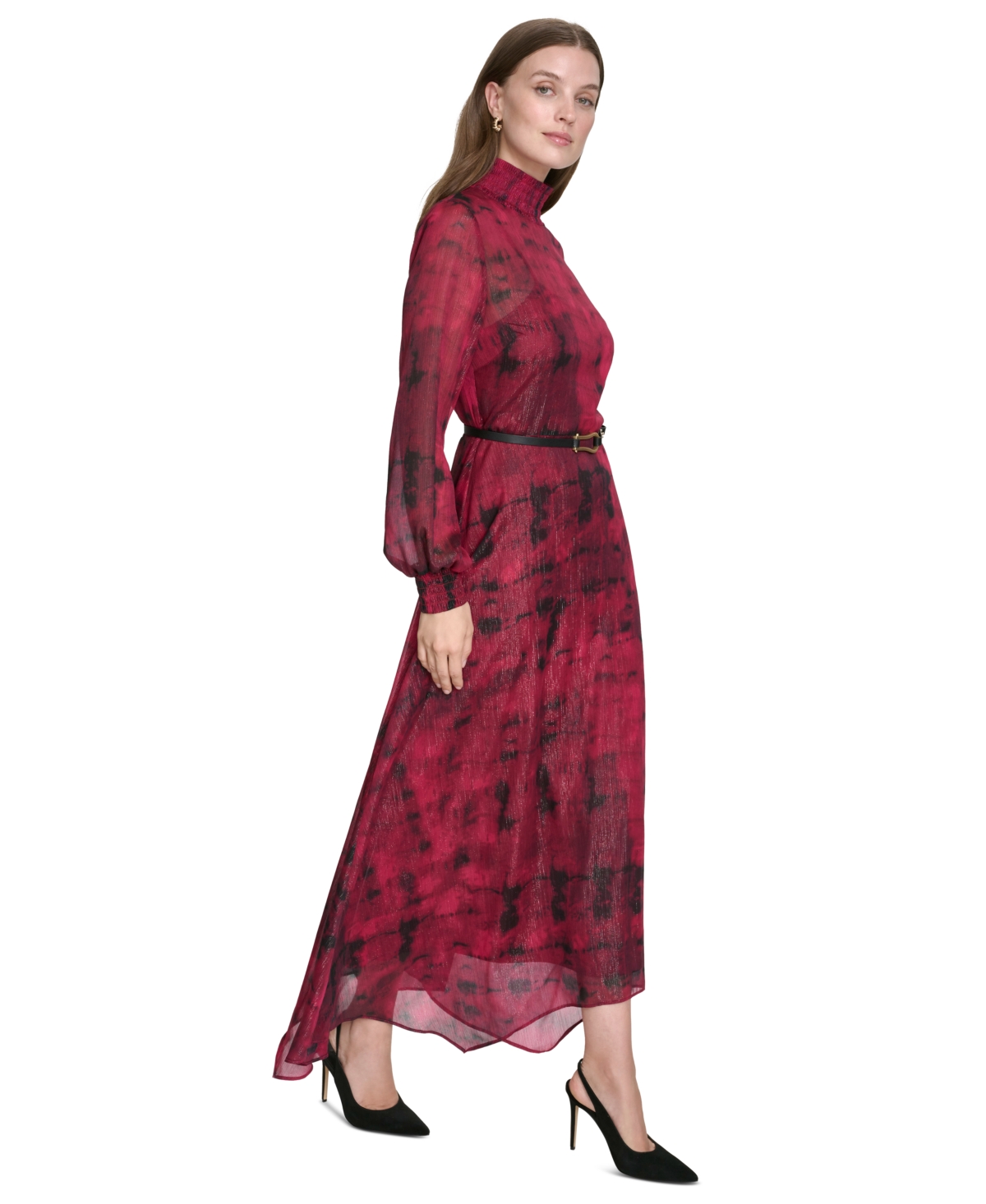 Halston Women's Mock-Neck Belted Chiffon Maxi Dress