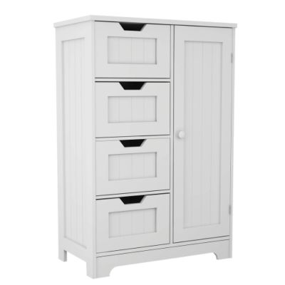 White Freestanding Storage Cabinet with Adjustable Shelves, Drawers, and Door