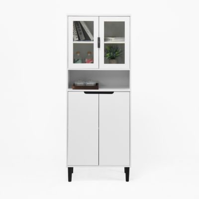Tall Storage Cabinet with Glass Display & Doors, Modern White Cabinet