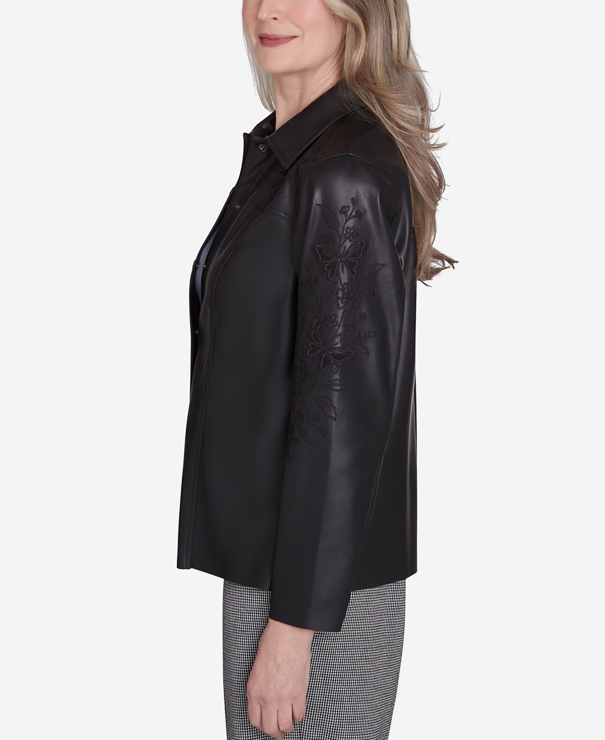 Alfred Dunner Petite Runway Ready Floral Embroidered Faux Leather Jacket In Black