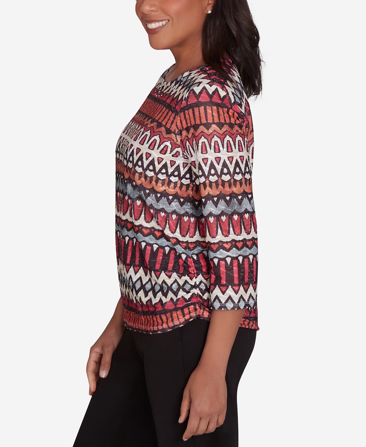 Alfred Dunner Petite Runway Ready Geometric Crewneck Ruched-side Top In Multi Red