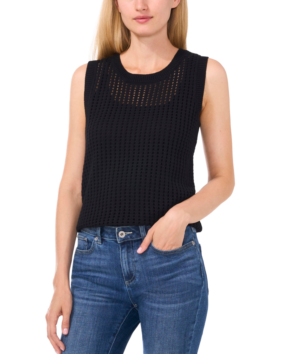 Cece Women's Allover Pointelle Stitch Sweater Tank In Rich Black