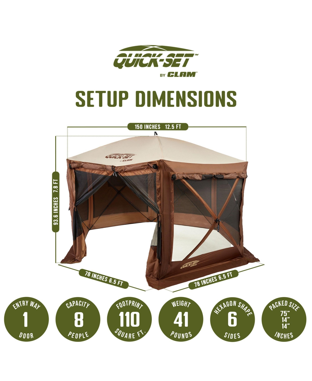 Clam Quick-Set Pavilion 12.5 x 12.5 Foot Portable Outdoor Canopy Shelter,- Brown