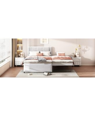 Beige Upholstered Platform Bed with Trundle