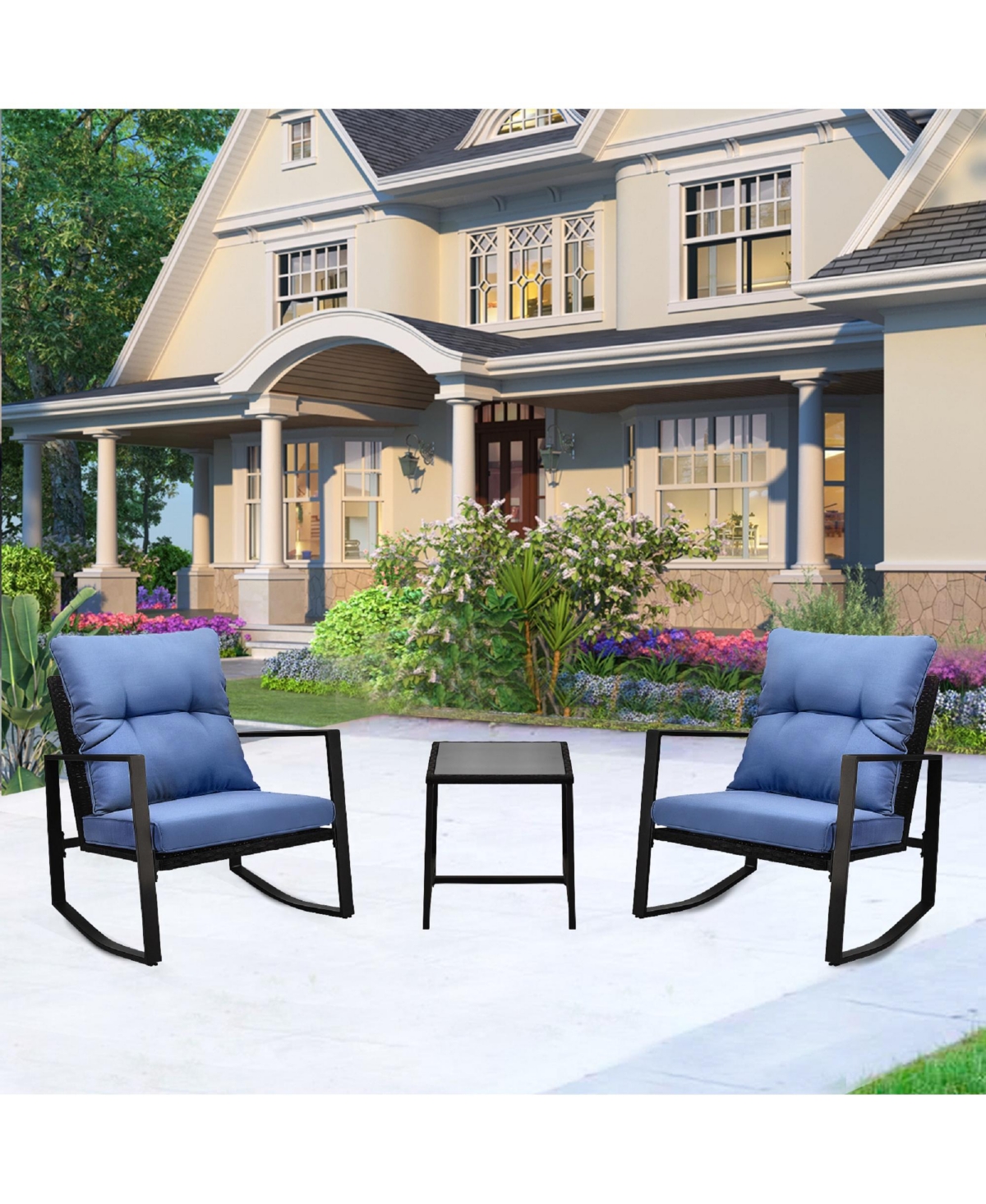 Simplie Fun 3-Piece Outdoor Bistro Set: Rocking Chairs with Blue Cushions