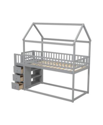 Simplie Fun Twin House Bunk Bed with Storage and Play Area in Gray