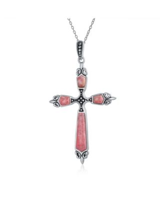 Western Style Spiritual Religious Blue Natural Turquoise Fleur De Lis Cross Pendant Necklace Oxidized Sterling Silver