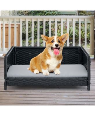 Rattan Dog Bed with Waterproof Soft Cushion for Medium Small Dogs Cats-Grey