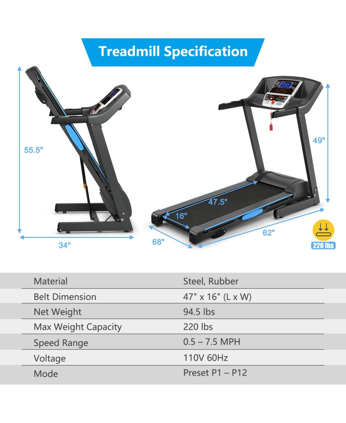 Slickblue 2.25 Hp Folding Electric Motorized Power Treadmill Machine with Lcd Display - Grey