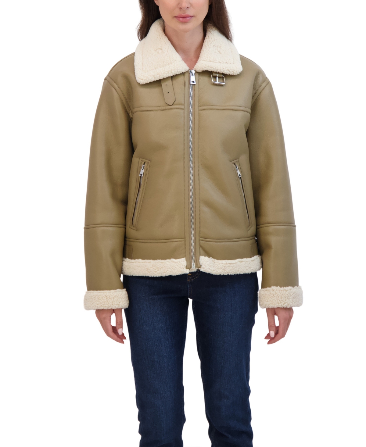 Women's Zip Front Faux Leather Shearling Jacket - Taupe
