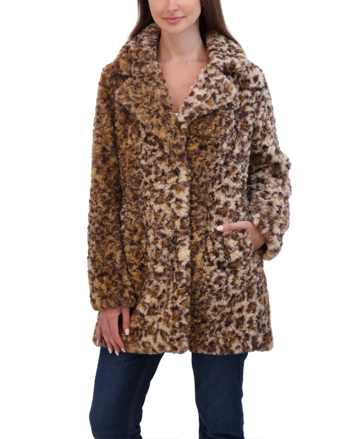 Sebby Collection Women's Crushed Faux Fur Button Front Coat - Leopard