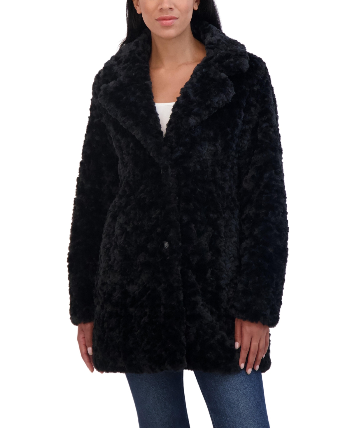Women's Crushed Faux Fur Button Front Coat - Black