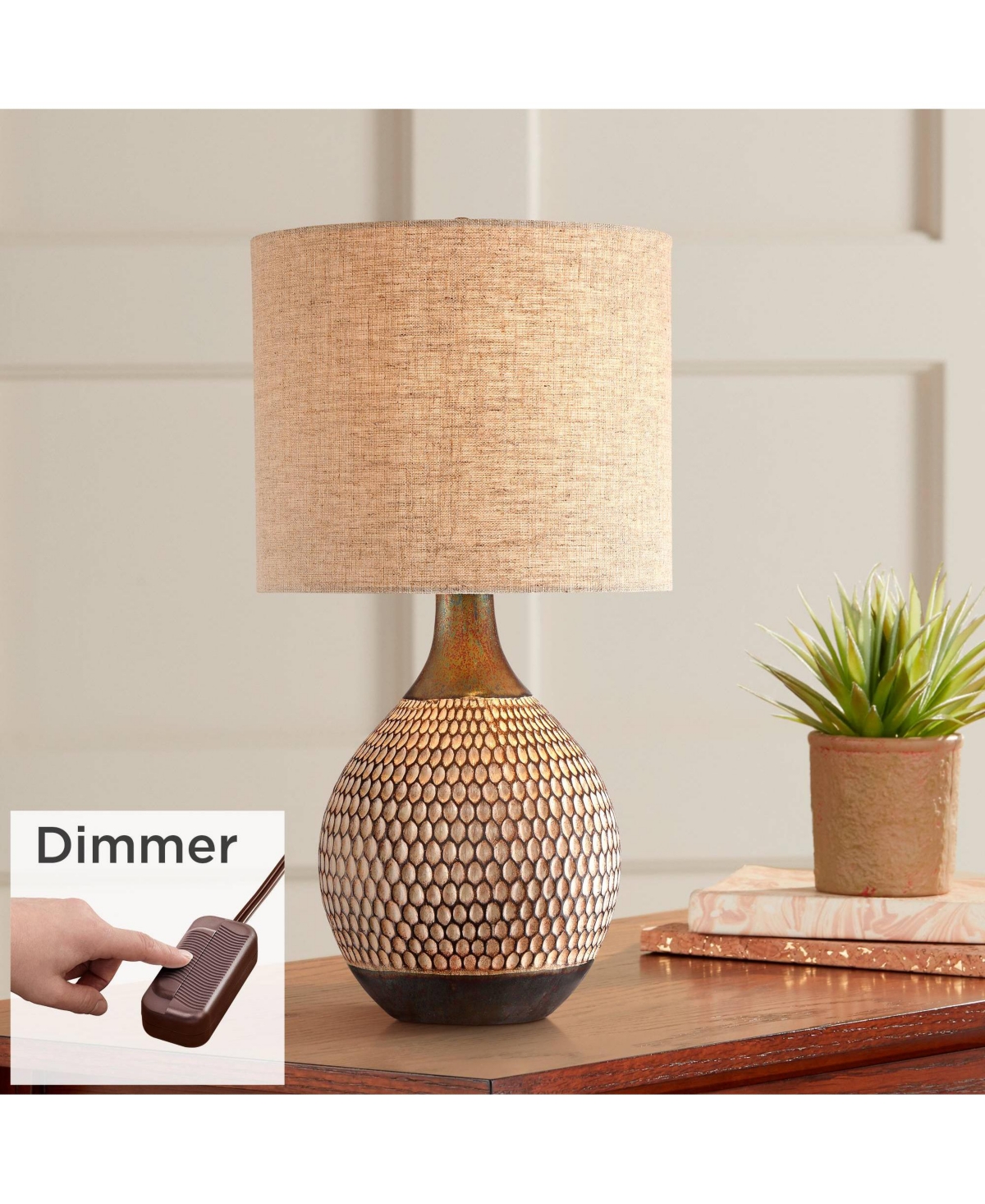 Emma Mid Century Modern Table Lamp with Table Top Dimmer 21" High Wood Brown Finish Ceramic Tan Drum Shade for Living Room Bedroom House Bedside