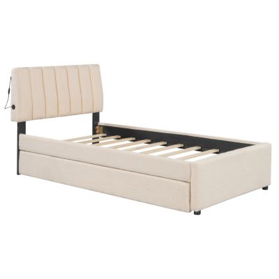 Streamdale Teddy Fleece Twin Platform Bed with Trundle, LED Lights, Beige