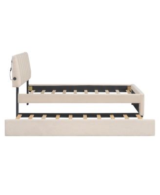 Streamdale Teddy Fleece Twin Platform Bed with Trundle, LED Lights, Beige