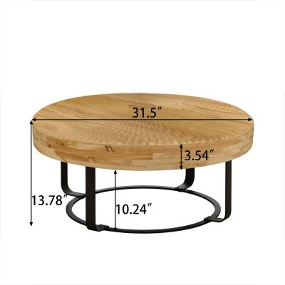Modern Round Coffee Table with Carved Pine Top and Metal Legs