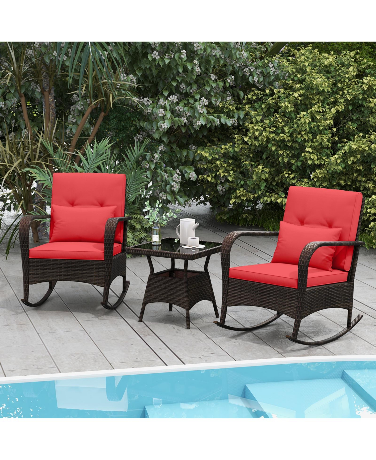 Slickblue 3 Piece Outdoor Rocking Set with Tempered Glass Coffee Table for Backyard Poolside