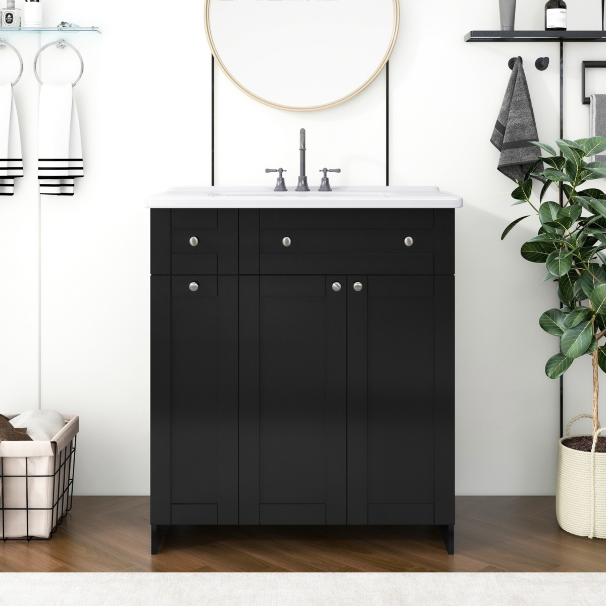Streamdale 30" Black Bathroom Vanity with Ceramic Sink, Ample Storage