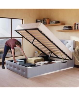 Full-Size Bed Frame with Storage, USB Ports, Modern Wingback Headboard